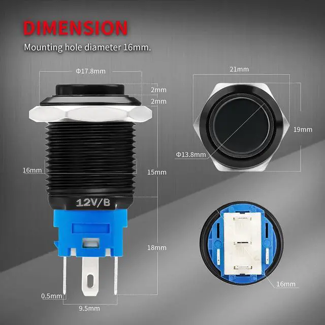 Alt view image 2 of 7 - DaierTek 12 Volt Momentary Push Button Switch Waterproof Blue LED Light 12V Illuminated 16mm Metal Black Power Start Pushbutton -9 Pack