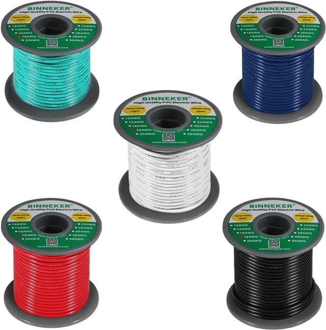 Main image of BINNEKER 18 Gauge PVC 1007 Solid Electric Wire Kit 5 Color Each 50 ft 18 AWG 1007 Hook Up Wire 300V Solid Tinned Copper Wire