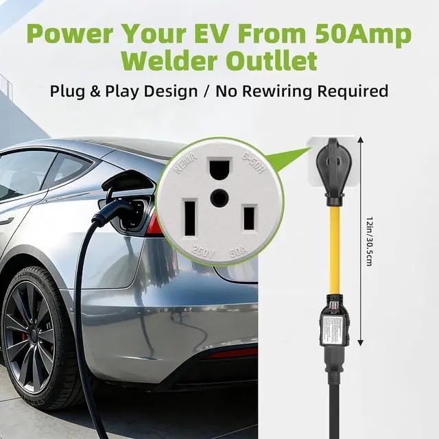 Alt view image 5 of 7 - NEMA 6-50P to 6-20/15R or 5-20/15R Adapter, 50 Amp to 20 Amp 250V Right Angle Plug with Built-in Circuit Breaker
