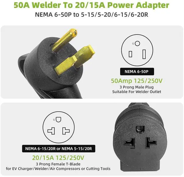 Alt view image 3 of 7 - NEMA 6-50P to 6-20/15R or 5-20/15R Adapter, 50 Amp to 20 Amp 250V Right Angle Plug with Built-in Circuit Breaker