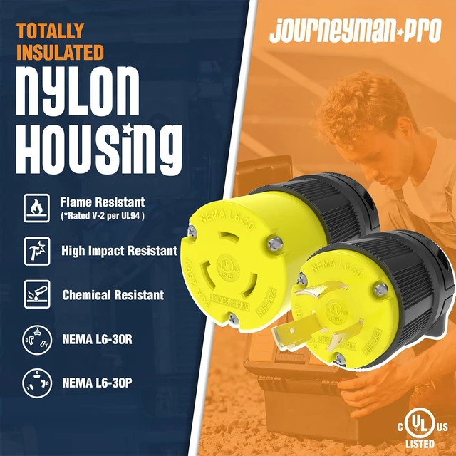 Alt view image 2 of 7 - Journeyman-Pro NEMA L6-30 Plug & Connector Set, NEMA L6-30R & L6-30P, 30A, 250V, Locking Plug Socket, Black Industrial Grade, Grounding 7500 Watts Generators (L6-30PR Plug Set)