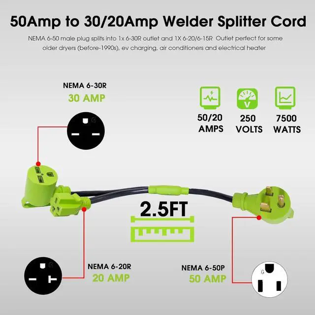 Alt view image 2 of 7 - 50Amp to 30Amp Welder Adapter, NEMA 6-50P to 6-30R/6-20R Y Splitter Cord, Adapter for 30Amp and 20Amp Welder Adapter, 240V STW 3/10 AWG, 2.5FT