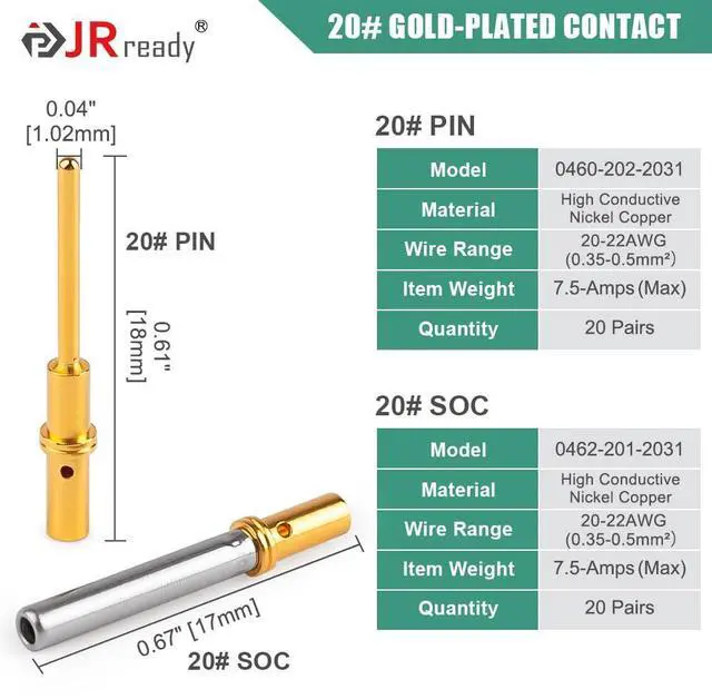 Alt view image 6 of 6 - JRready ST6356-20 Deutsch Connector Pins and Sockets Gold Plated Size 20 DTM Solid Contacts Kit, Closed Barrel Terminals, Wire Gauge 22-20, 20 Pair(40PCS) Male 0460-202-2031 & Female 0462-201-2031