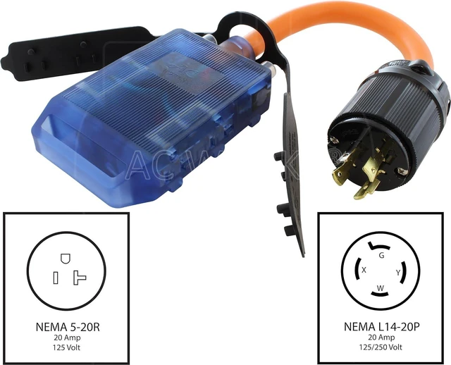 Alt view image 2 of 7 - AC WORKS Protective Adapter to (4) Household Connectors with 20-Amp Circuit Breaker (L14-20 4-Prong 20A Generatotor Plug)