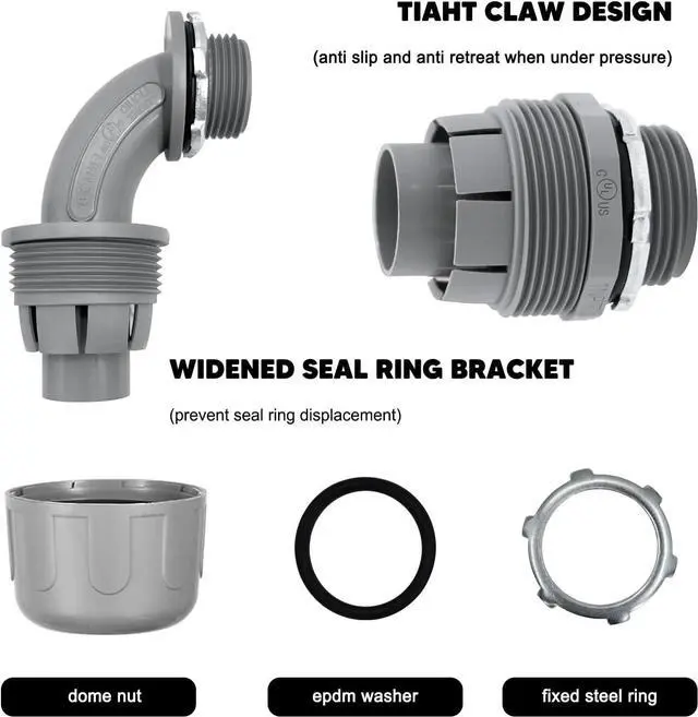 Alt view image 3 of 7 - 1-1/2 inch Liquid Tight Connector PVC Flexible Conduit Connector, 180 Degree and 90 Degree UL Listed, Non-Metallic Electrical Conduit Fittings 6 Pack(4 pcs 180D/2 pcs 90D)