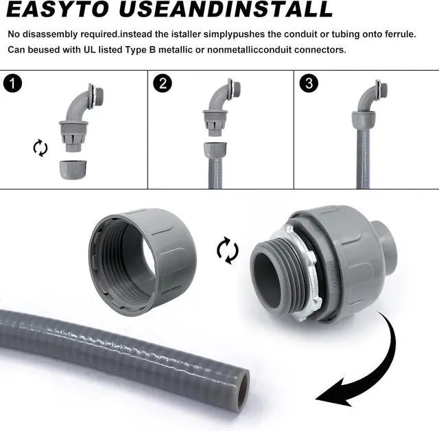 Alt view image 5 of 7 - 1-1/2 inch Liquid Tight Connector PVC Flexible Conduit Connector, 180 Degree and 90 Degree UL Listed, Non-Metallic Electrical Conduit Fittings 6 Pack(4 pcs 180D/2 pcs 90D)