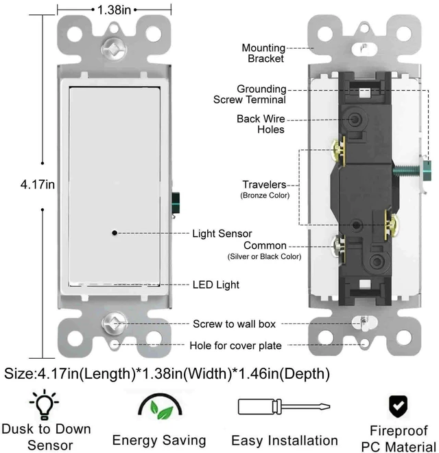 Alt view image 6 of 7 - 4Pack SOZULAMP 3 Way Wall Light Switch with LED Night Light 15Amp 120/277Volt Decora Rocker, Automatic On/Off Sensor, White