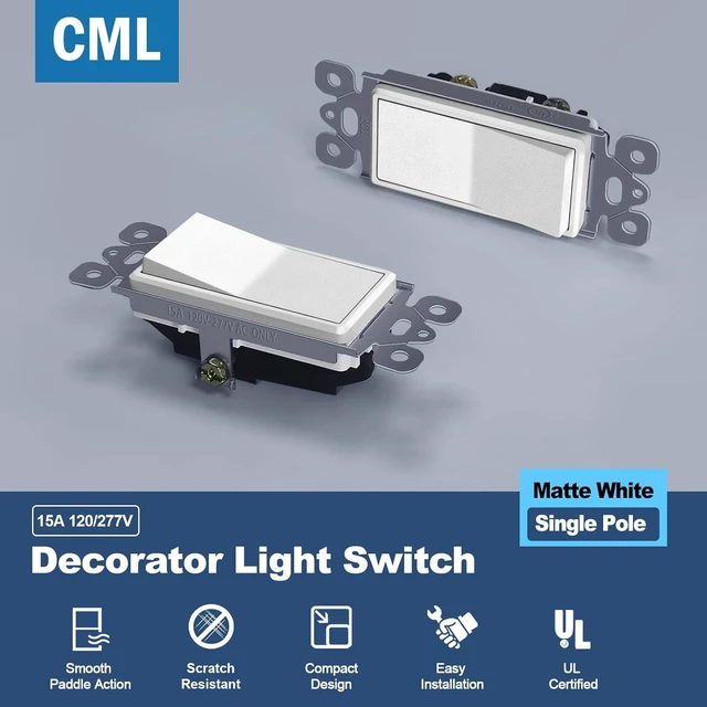 Alt view image 2 of 7 - CML Matte White Decorator Single Pole Light Switch, Rocker Paddle Wall Switch, 15A 120/277V, On/Off Interrupter, cUL Listed, 20 Pack