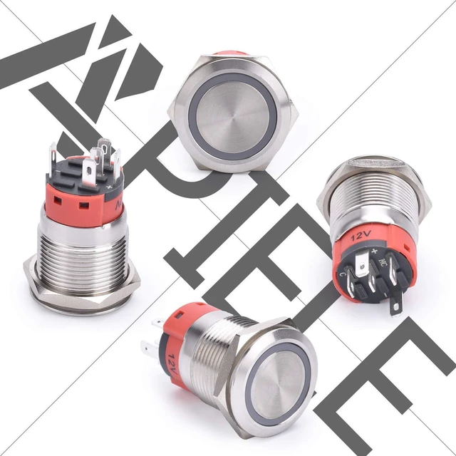 Alt view image 3 of 7 - 6-Pack 19mm Latching Push Button Switch, 12-24V DC LED SPDT, Stainless Steel, Silver/Blue