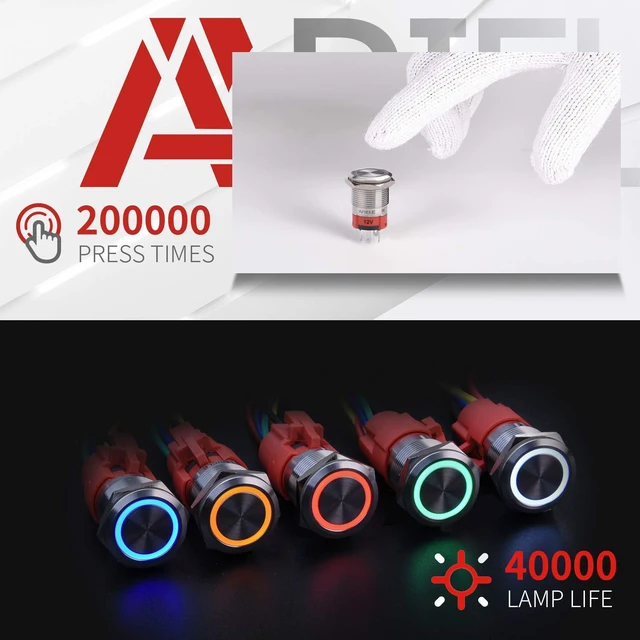 Alt view image 5 of 7 - 6-Pack 19mm Latching Push Button Switch, 12-24V DC LED SPDT, Stainless Steel, Silver/Blue
