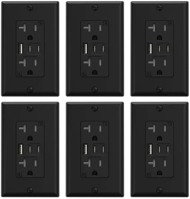 Main image of ELEGRP USB Outlets, 20 Amp Wall Outlet with 3 USB Ports, Dual USB C Ports Outlets, TR Tamper-Resistant USB Outlets Receptacles, Wall Plate Included, UL/CUL Listed, 6 Pack, Black