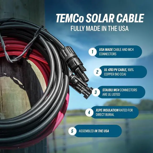 Alt view image 2 of 6 - TEMCo 8 AWG/Gauge Solar Panel Extension Cable - Made in The USA (M/F Solar Connector Ends) (60 Feet Black + 60 Feet Red) (Variety of Lengths Available)