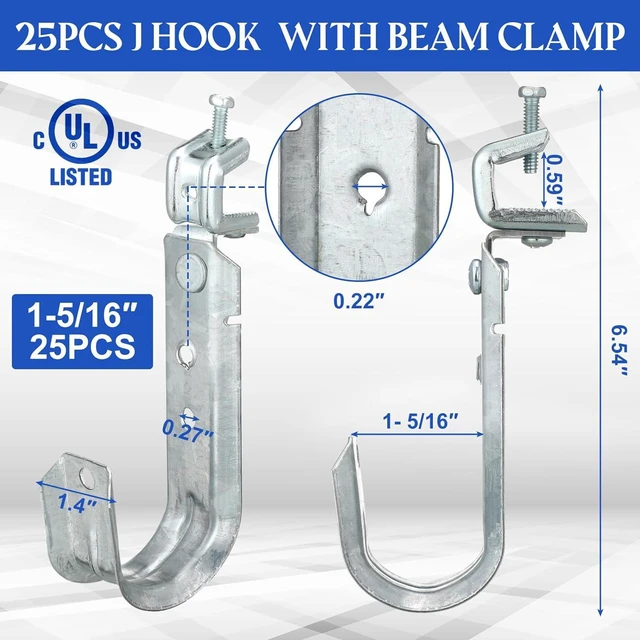Alt view image 2 of 6 - Tandefio 25 Pack Cable Support J Hook with Beam Clamp, Heavy Duty Metal Wire Cable Support J Hook Hangers for Wire Management(1-5/16 Inch)