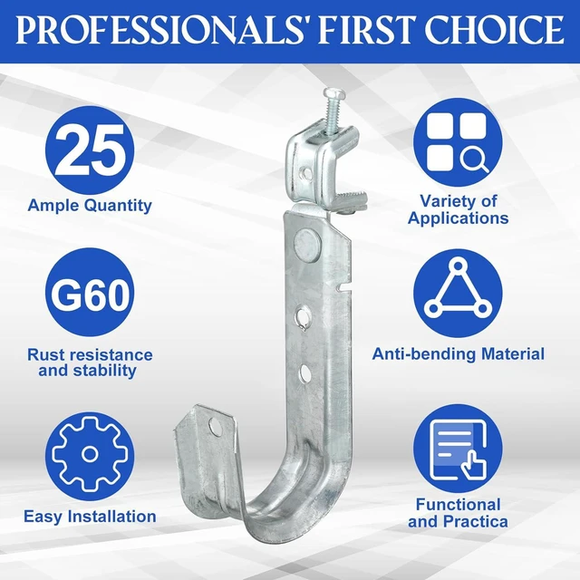 Alt view image 4 of 6 - Tandefio 25 Pack Cable Support J Hook with Beam Clamp, Heavy Duty Metal Wire Cable Support J Hook Hangers for Wire Management(1-5/16 Inch)
