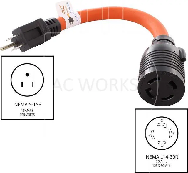 Alt view image 2 of 5 - AC Works 1 ft. 15 Amp Household Plug to L14-30 30 Amp 4-Prong Transfer Switch Inlet Adapter S515L1430-012