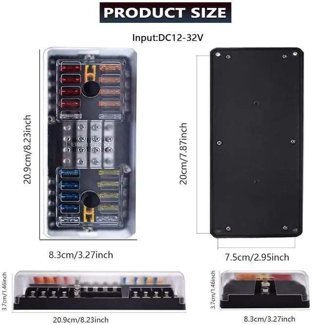 Alt view image 4 of 7 - 20 Way Blade Fuse Block 16 Circuit Fuse Holder Fuse DC SUB Panel with Ground and Cover for Car Boat Marine Trike Car Truck Vehicle SUV Yacht RV