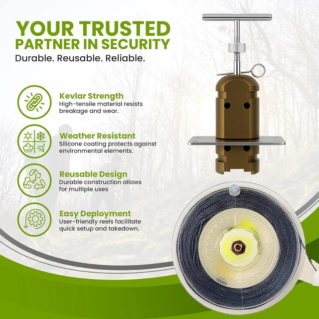 Alt view image 4 of 7 - Trip Alarm Co. Perimeter Device Bundle Set 85ft Reusable Kevlar Wire Reel and 12 Gauge Perimeter Alarm US Patented Quad 3.0 Defense Device 360° Coverage Warning Security for Camping Safety
