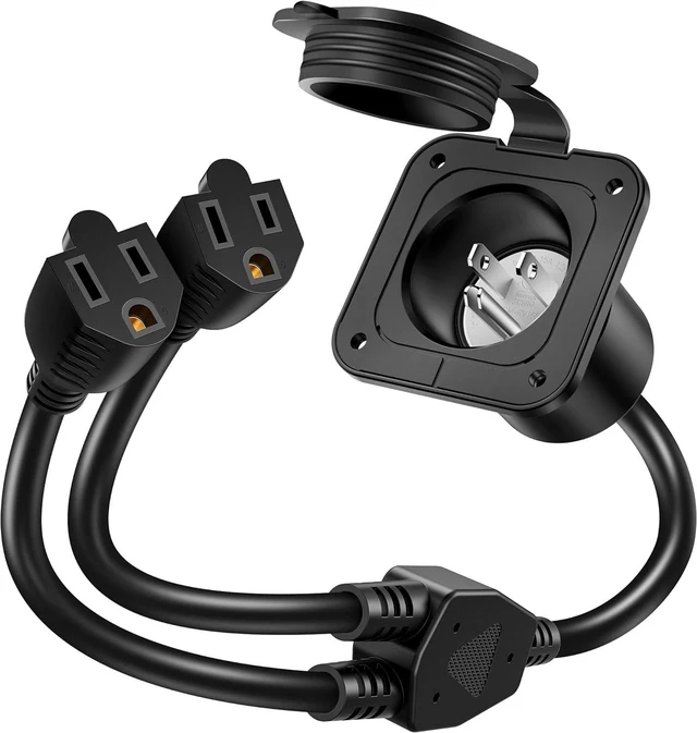 Main image of BUMBEE 15 Amp AC Port Plug,125V Power Inlet Socket with Dual 18-inch 14AWG Splitter Extension Cord, Waterproof Cover Shore Power Inlet Plug for RV Boat Electrical Connections
