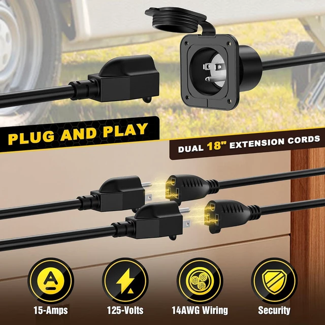 Alt view image 3 of 7 - BUMBEE 15 Amp AC Port Plug,125V Power Inlet Socket with Dual 18-inch 14AWG Splitter Extension Cord, Waterproof Cover Shore Power Inlet Plug for RV Boat Electrical Connections