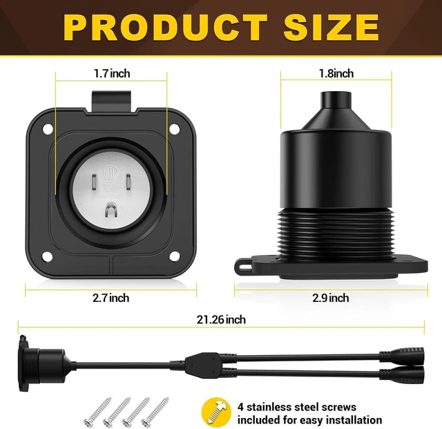 Alt view image 5 of 7 - BUMBEE 15 Amp AC Port Plug,125V Power Inlet Socket with Dual 18-inch 14AWG Splitter Extension Cord, Waterproof Cover Shore Power Inlet Plug for RV Boat Electrical Connections