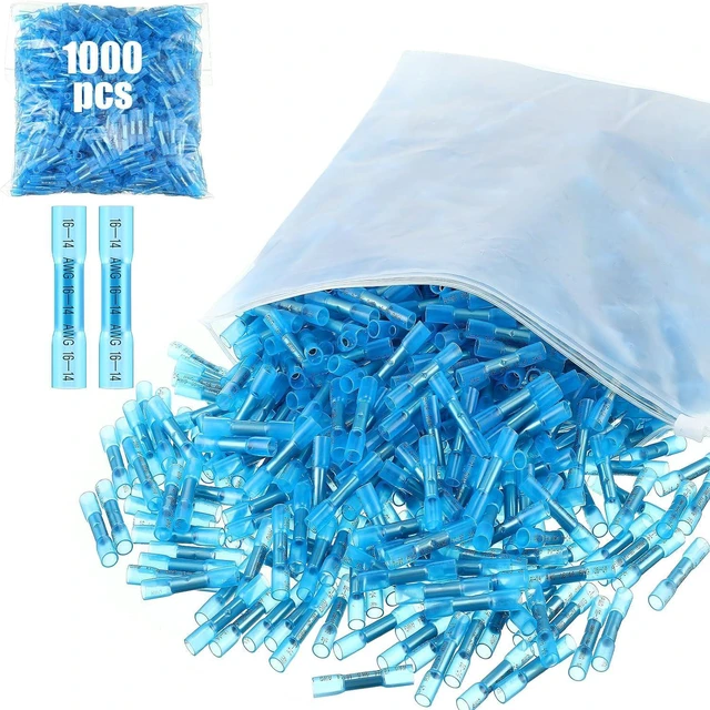 Main image of Frienda 1000 Pcs Heat Shrink Butt Wire Connectors Blue Awg 16-14 Insulated Waterproof Electrical Wire Connectors Automotive Marine Grade Crimp Terminals Butt Splices for Boats, Industrial, Home