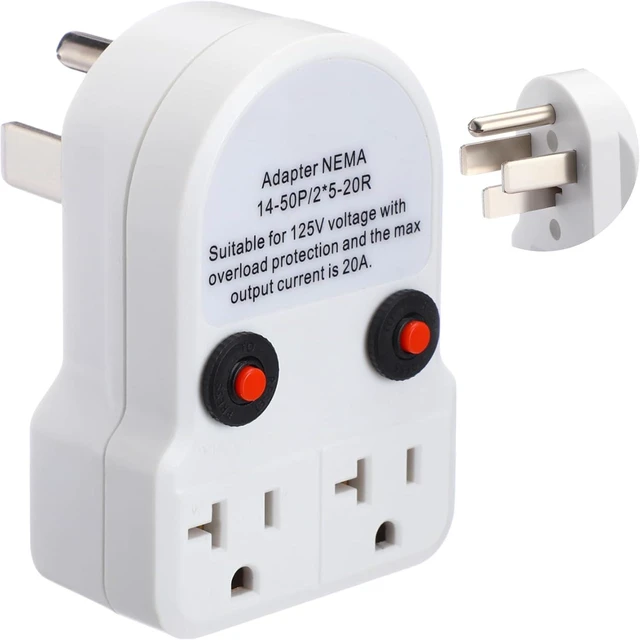Main image of 50 Amp to 20 Amp 110v RV Distribution Adapter Compatible with NEMA 14-50p to 2X 5-20R/ 5-15R 4 Prong RV Generator to 3 Prong Household Outlet with 20 Amp Circuit Breaker