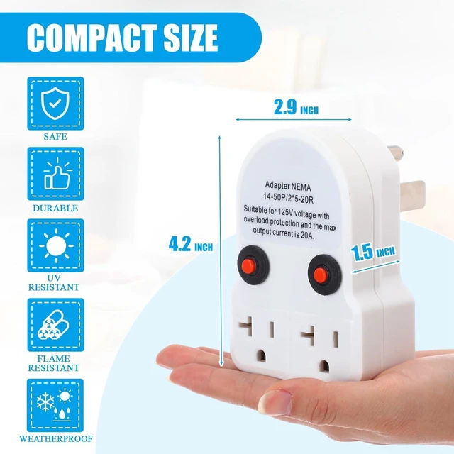 Alt view image 3 of 6 - 50 Amp to 20 Amp 110v RV Distribution Adapter Compatible with NEMA 14-50p to 2X 5-20R/ 5-15R 4 Prong RV Generator to 3 Prong Household Outlet with 20 Amp Circuit Breaker