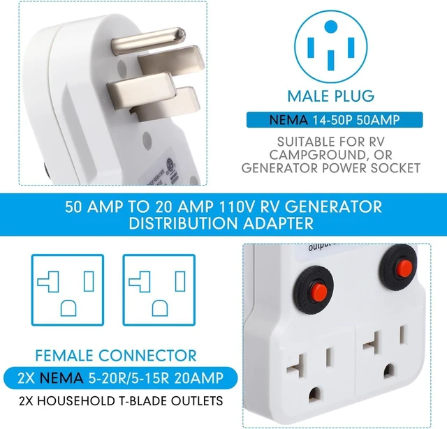 Alt view image 2 of 6 - 50 Amp to 20 Amp 110v RV Distribution Adapter Compatible with NEMA 14-50p to 2X 5-20R/ 5-15R 4 Prong RV Generator to 3 Prong Household Outlet with 20 Amp Circuit Breaker