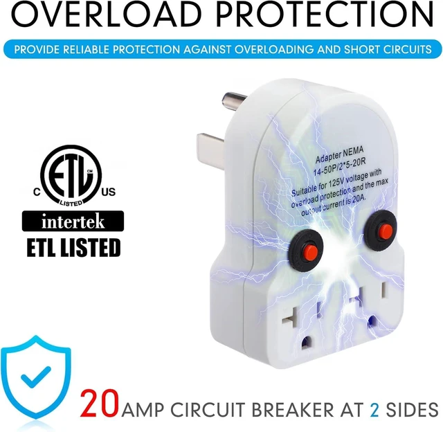 Alt view image 4 of 6 - 50 Amp to 20 Amp 110v RV Distribution Adapter Compatible with NEMA 14-50p to 2X 5-20R/ 5-15R 4 Prong RV Generator to 3 Prong Household Outlet with 20 Amp Circuit Breaker