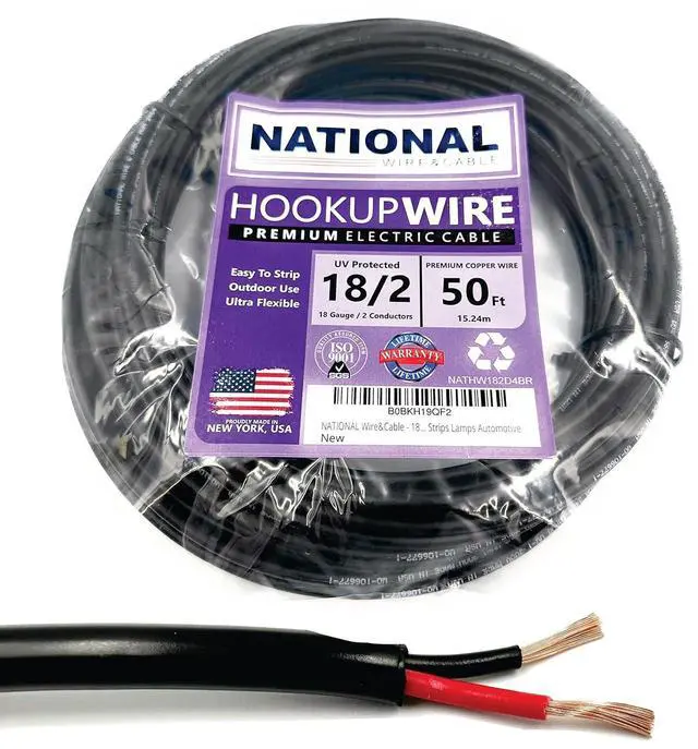 Main image of NATIONAL Wire & Cable 18 AWG 2-Conductor Premium Copper Wire, 50 ft, Stranded | Made in USA, Flexible Jacket | LED Strips, Electronics, Low Voltage, DIY Projects, Indoor and Outdoor Use