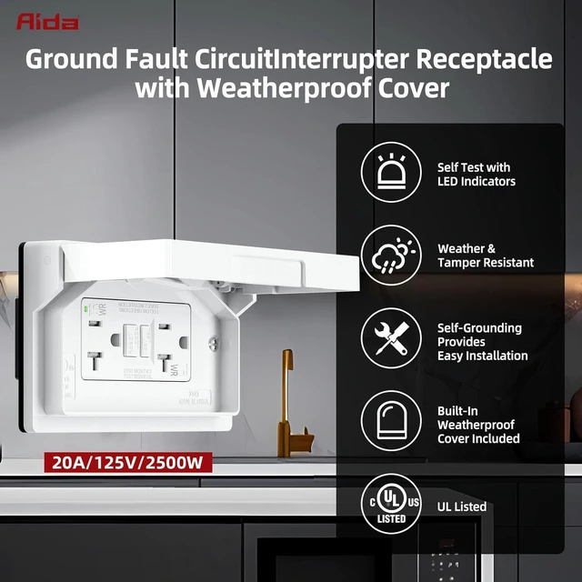 Alt view image 2 of 7 - AIDA 20A GFCI Outlet with Weatherproof Cover, Tamper-Resistant & Weather Resistant Self-Test Electrical Outlet, 20A/125V for Bathroom, Kitchen, Outdoor, UL Listed, Matte White, 4 Pack