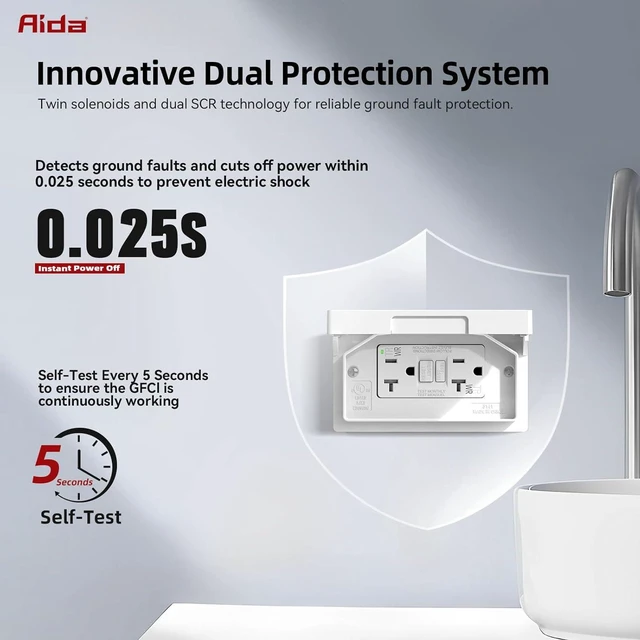 Alt view image 5 of 7 - AIDA 20A GFCI Outlet with Weatherproof Cover, Tamper-Resistant & Weather Resistant Self-Test Electrical Outlet, 20A/125V for Bathroom, Kitchen, Outdoor, UL Listed, Matte White, 4 Pack