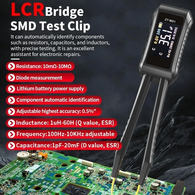 Alt view image 6 of 7 - TreasureCave Smart LCR Meter Tweezer Tester, Intelligent Digital LCR Bridge, Automatic Component Recognition, Multimeter Tester for SMD/Resistor/Capacitor