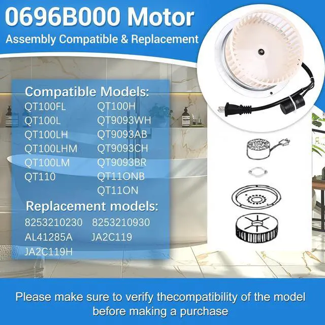 Alt view image 6 of 7 - 0696B000 Motor Assembly, Bathroom Fan Motor Replacement Parts Compatible with Nutone QT100 QT110 QT100L QT9093 Etc Series, Replaceable Models 8253210230 8253210930 AL41285A JA2C119 JA2C119H Etc
