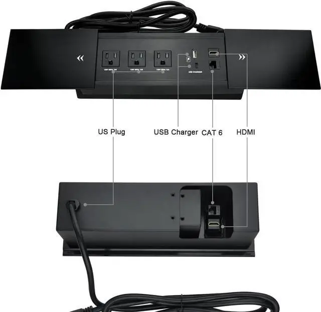 Alt view image 2 of 7 - Brush Connectivity Box Conference Table Power Box with 3 Power Socket+ 1 USB-A and Type C Charger+1 CAT6+ 1 HDMI/USB-C Data(Black) (Sliding)