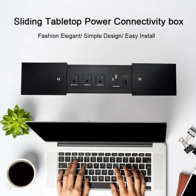 Alt view image 6 of 7 - Brush Connectivity Box Conference Table Power Box with 3 Power Socket+ 1 USB-A and Type C Charger+1 CAT6+ 1 HDMI/USB-C Data(Black) (Sliding)