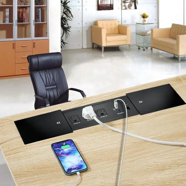 Alt view image 5 of 7 - Brush Connectivity Box Conference Table Power Box with 3 Power Socket+ 1 USB-A and Type C Charger+1 CAT6+ 1 HDMI/USB-C Data(Black) (Sliding)