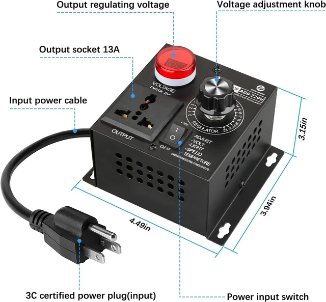 Alt view image 2 of 7 - AC Variable Speed Controller, 120V~220V 15A 4000W SCR Voltage Controller for Fan Electric Motor Rheostat