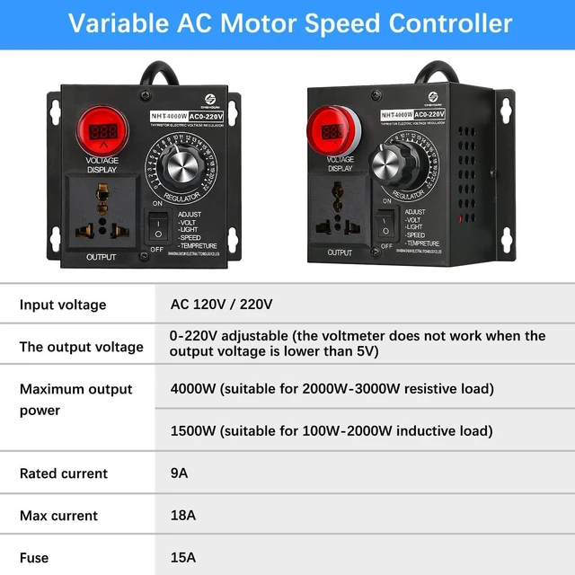 Alt view image 3 of 7 - AC Variable Speed Controller, 120V~220V 15A 4000W SCR Voltage Controller for Fan Electric Motor Rheostat