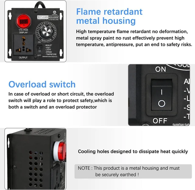 Alt view image 4 of 7 - AC Variable Speed Controller, 120V~220V 15A 4000W SCR Voltage Controller for Fan Electric Motor Rheostat