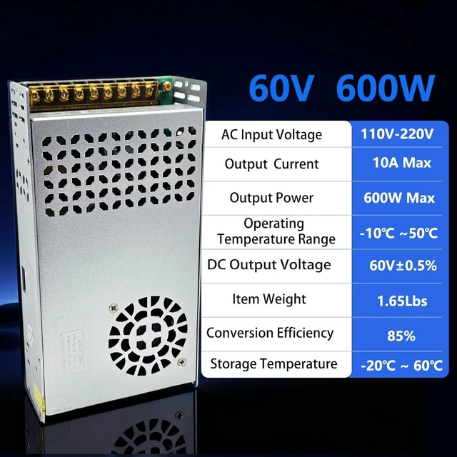 Alt view image 2 of 7 - AC to DC Converter 60V 10A 600W Power Supply,Universal SMPS 110V/120V/220V AC to DC Converter Power Supply Transformer Driver Adapter for CCTV,RV,Pump,LED Strip (DC60V-10A-600W)