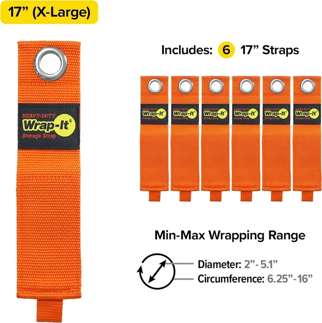 Alt view image 4 of 6 - Heavy-Duty Wrap-It Storage Straps - 17-inch (6-Pack) Blaze Orange - Garage Organizer and Extension Cord Hanger for Garage Storage Ideas as an Electric Cord Holder with Garage Gadgets