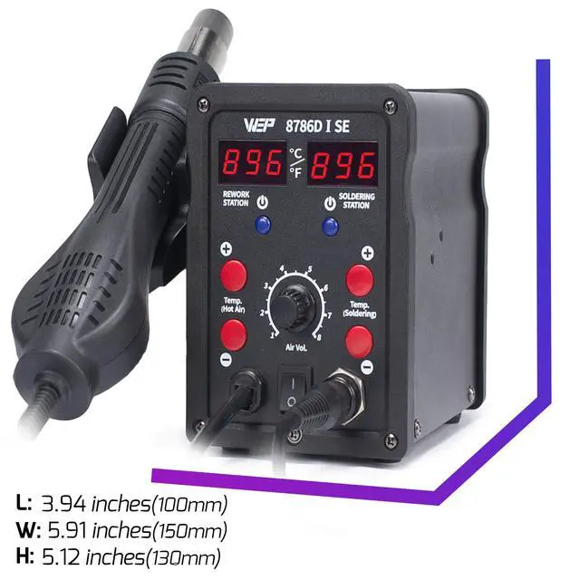 Alt view image 3 of 7 - WEP 8786D-I SE Hot Air Soldering Iron Station Kit 2-IN-1 for Rework, Desoldering with Lead-Free Solder Wire, 5 Soldering Tips, 3 Hot Air Nozzles,Tweezers, Desoldering Pump