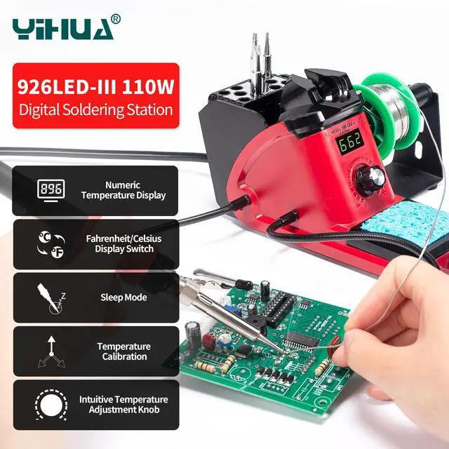 Alt view image 4 of 7 - YIHUA 926 III 110W Soldering Iron Station Kit with LED Display, 2 Helping Hands, 3 Extra Iron Tips, 35g Lead-Free Solder, Solder Sucker, S/S Tweezers, °C/°F Conversion, Calibration & Sleep Features