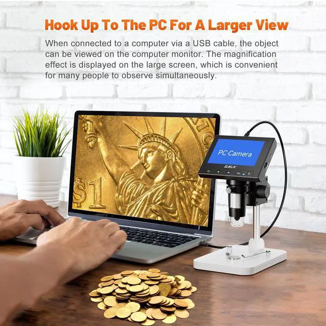 Alt view image 4 of 7 - Elikliv Microscope, LCD Digital Coin Microscope 1000x, Coin Magnifier with 8 Adjustable LED Lights, PC View Compatible with Windows/MacBook, EDM4, 4.3-Inch