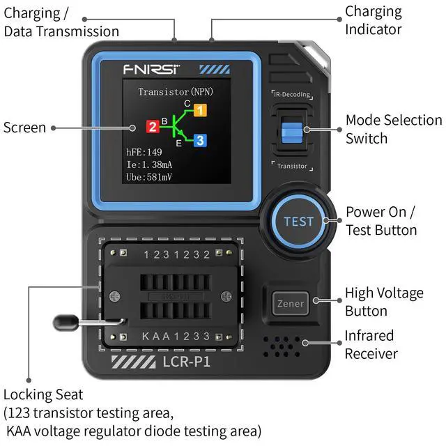 Alt view image 7 of 7 - FNIRSI LCR-P1 Transistor Tester, Mosfet Transistor Capacitor Tester, SMD Electronic Component Tester, Diode Triode Zener Diode Resistance Inductance Battery Test LCR Meter MOS PNP NPN ESR Meter