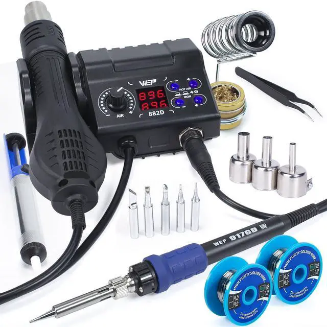 Main image of WEP 882D Soldering Iron Station 2-IN-1 SMD Hot Air Rework Station with 2 Spools of Solder Wire, 5 Soldering Tips, 3 Hot Air Nozzles, Brass Wool Tip Cleaner, Tweezers, Desoldering pump