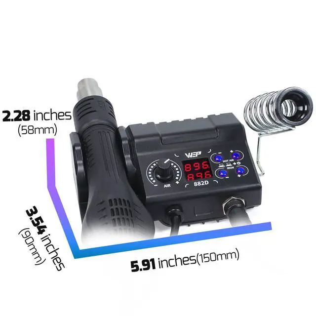 Alt view image 3 of 7 - WEP 882D Soldering Iron Station 2-IN-1 SMD Hot Air Rework Station with 2 Spools of Solder Wire, 5 Soldering Tips, 3 Hot Air Nozzles, Brass Wool Tip Cleaner, Tweezers, Desoldering pump