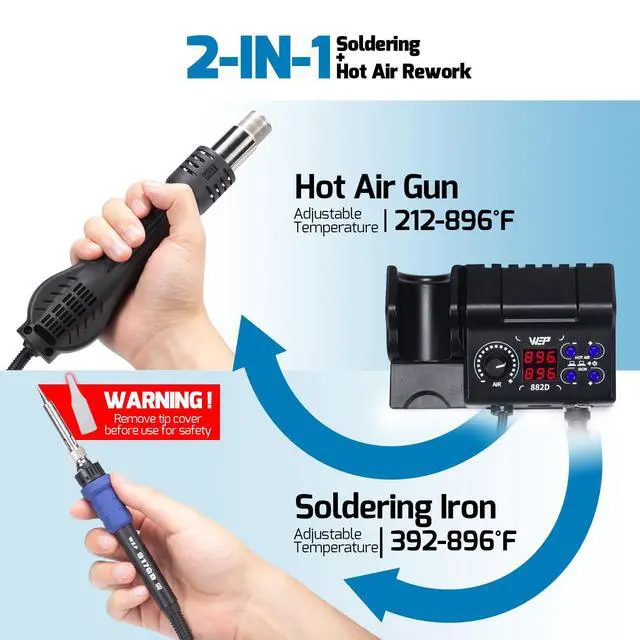Alt view image 4 of 7 - WEP 882D Soldering Iron Station 2-IN-1 SMD Hot Air Rework Station with 2 Spools of Solder Wire, 5 Soldering Tips, 3 Hot Air Nozzles, Brass Wool Tip Cleaner, Tweezers, Desoldering pump