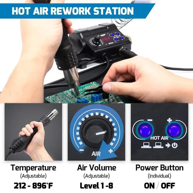 Alt view image 5 of 7 - WEP 882D Soldering Iron Station 2-IN-1 SMD Hot Air Rework Station with 2 Spools of Solder Wire, 5 Soldering Tips, 3 Hot Air Nozzles, Brass Wool Tip Cleaner, Tweezers, Desoldering pump